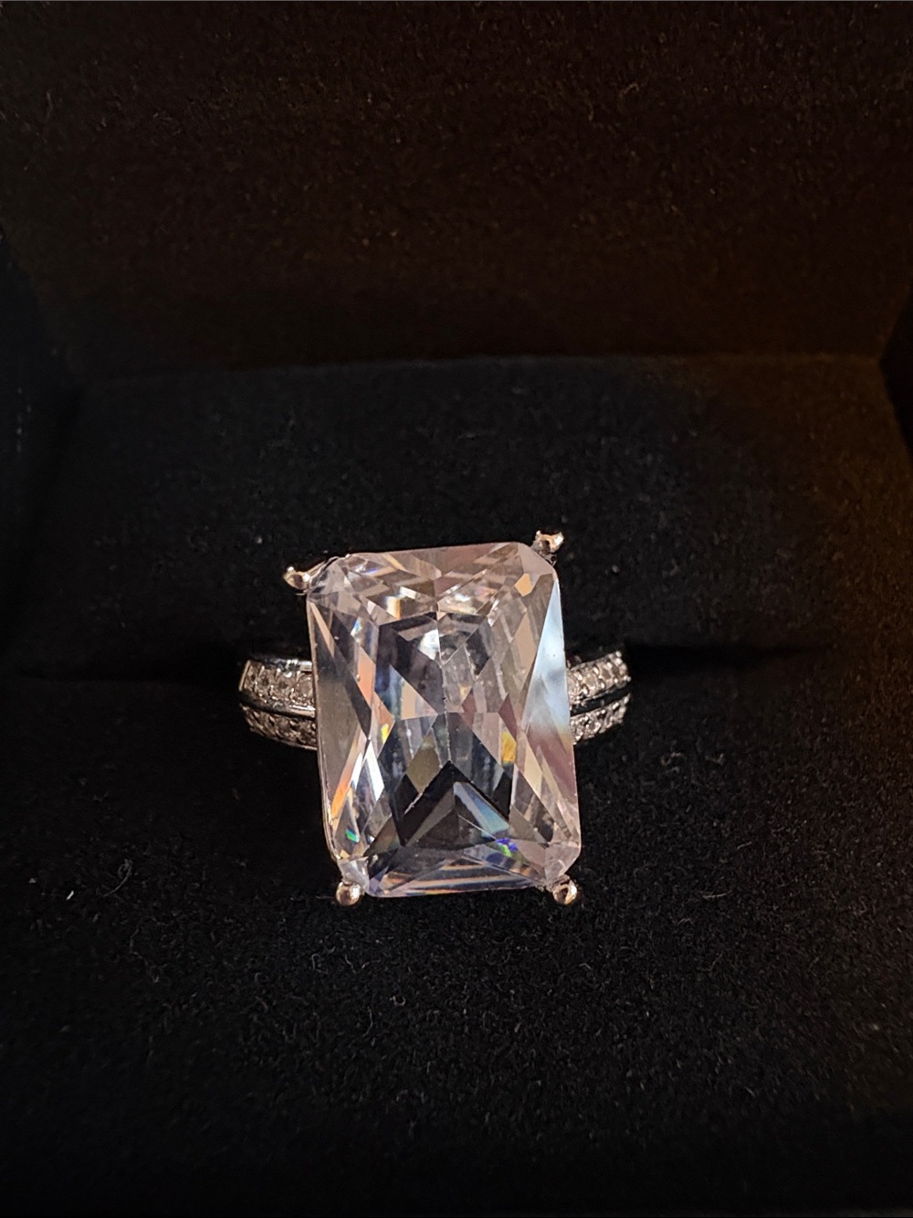 Crystal Emerald-Cut Statement Ring - Silver Tone